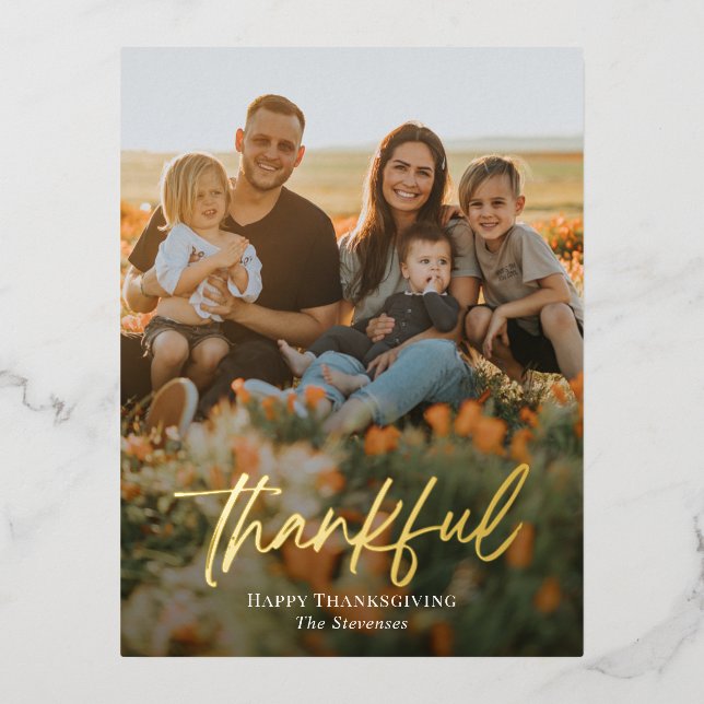Brushed Thankful Foil Photo Thanksgiving Postcard (Front)