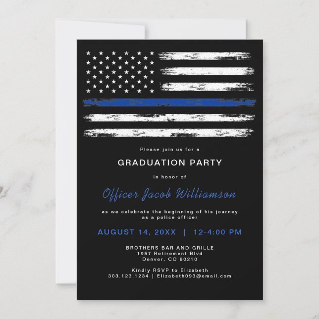 Brushed Thin Blue Line Police Office Graduation Invitation (Front)