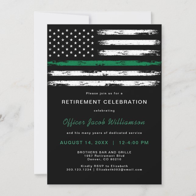 Brushed Thin Green Line Flag Military Retirement Invitation (Front)