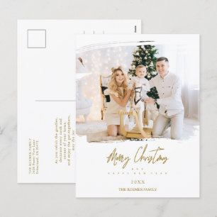 Brushstroke Christmas Golden Snowflakes Photo Holiday Postcard
