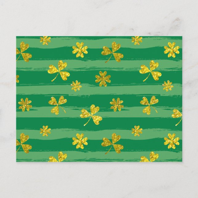 Brushstroke Lucky Pattern with Golden Clovers Postcard (Front)