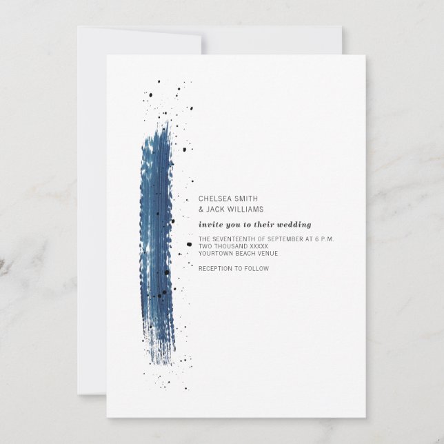 Brushstroke Speckle Blue Minimalist Modern Wedding Invitation (Front)