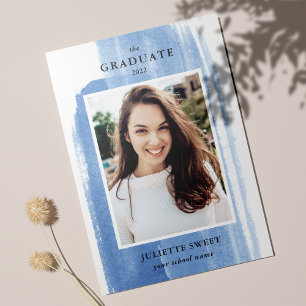 Brushstrokes Dark Blue Photo Girly Graduation Invitation