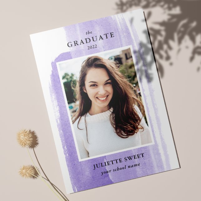 Brushstrokes | Purple Photo Girly Graduation Invitation (Creator Uploaded)