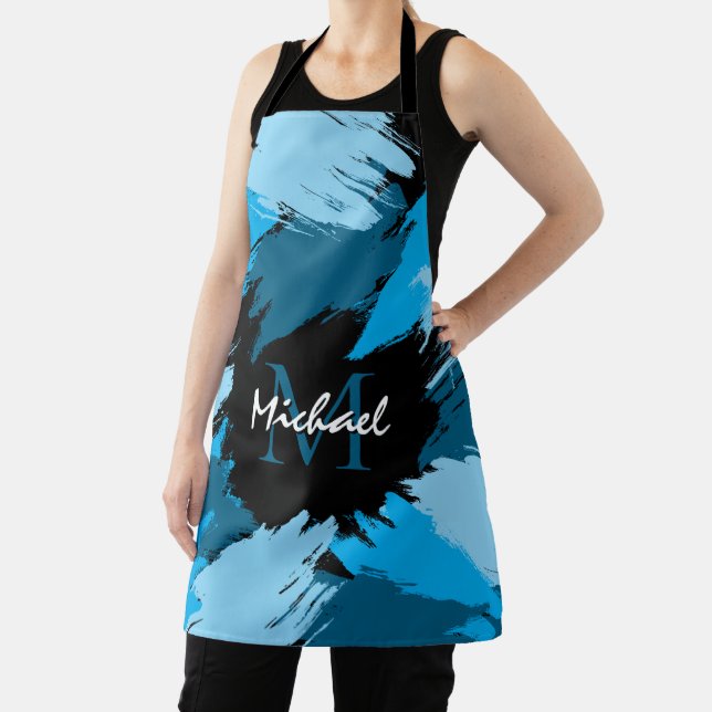 Brushstrokes shades of blue name with monogram apron (Insitu)