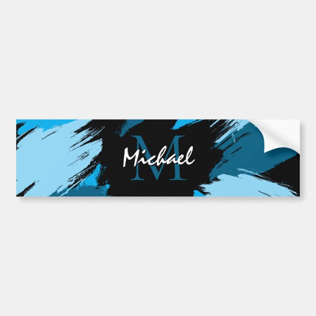 Brushstrokes shades of blue name with monogram bumper sticker (Front)