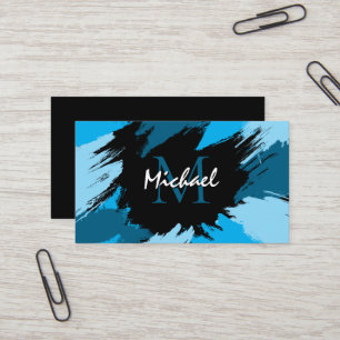 Brushstrokes shades of blue name with monogram business card