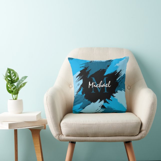 Brushstrokes shades of blue name with monogram cushion (Chair)