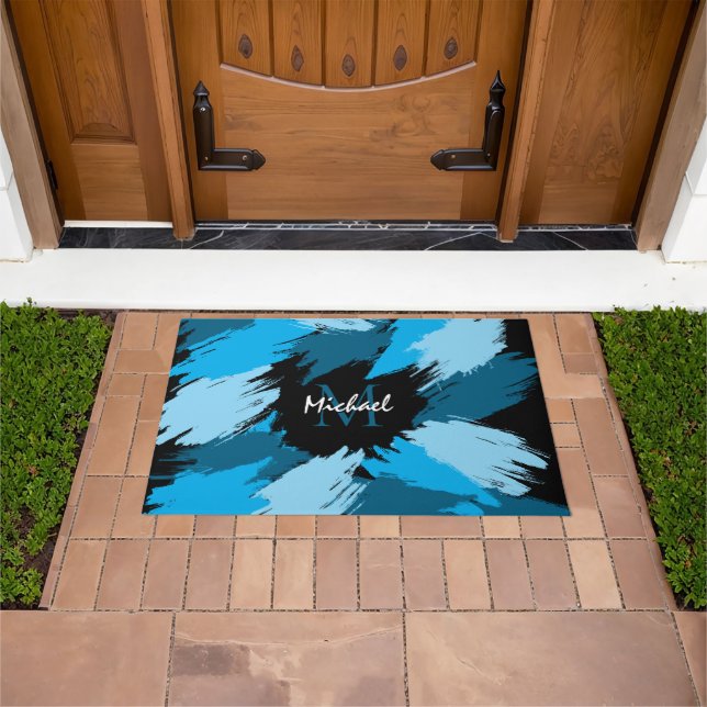 Brushstrokes shades of blue name with monogram doormat (Outdoor)