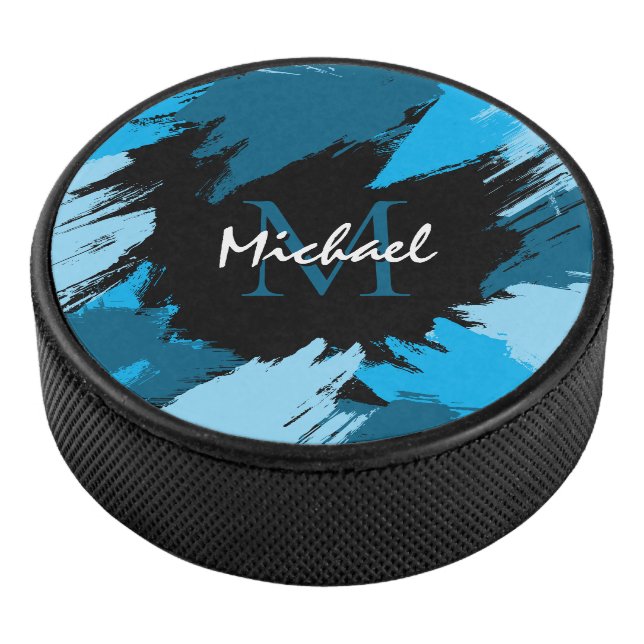 Brushstrokes shades of blue name with monogram hockey puck (3/4)