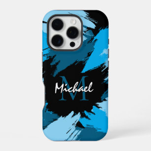 Brushstrokes shades of blue name with monogram iPhone 16 pro case