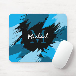 Brushstrokes shades of blue name with monogram mouse mat