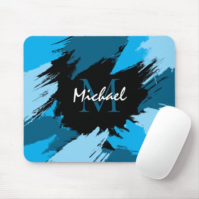 Brushstrokes shades of blue name with monogram mouse mat (With Mouse)