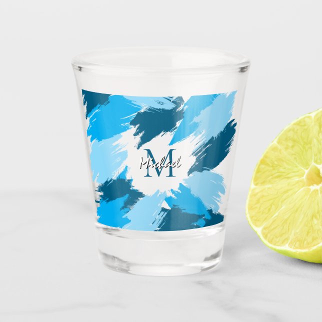 Brushstrokes shades of blue name with monogram shot glass (Front)