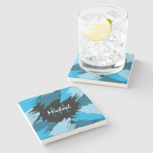 Brushstrokes shades of blue name with monogram stone coaster