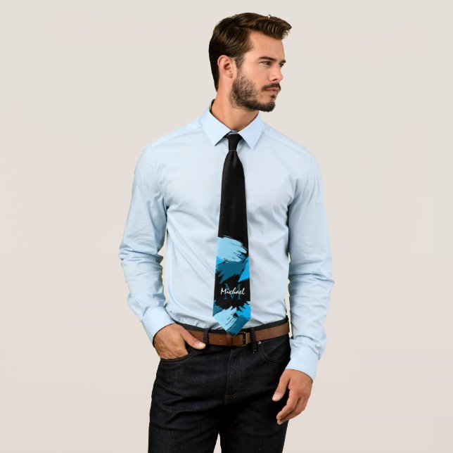 Brushstrokes shades of blue name with monogram tie (In Situ)