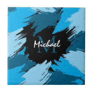 Brushstrokes shades of blue name with monogram tile