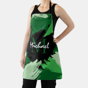 Brushstrokes shades of green name with monogram apron