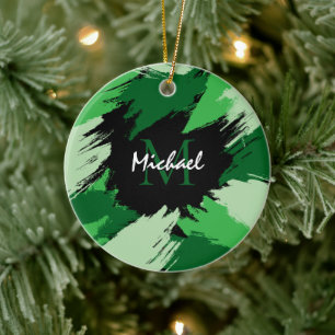 Brushstrokes shades of green name with monogram ceramic tree decoration