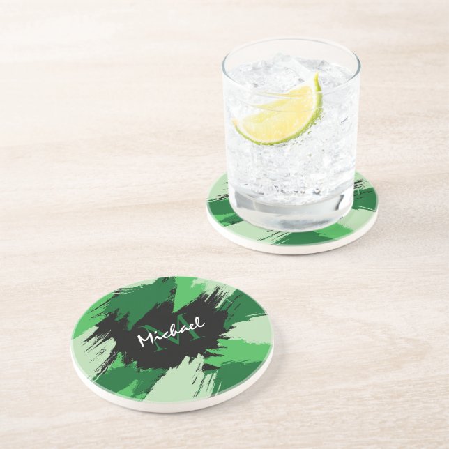 Brushstrokes shades of green name with monogram coaster (Side)