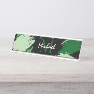 Brushstrokes shades of green name with monogram desk name plate
