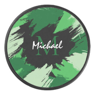 Brushstrokes shades of green name with monogram hockey puck