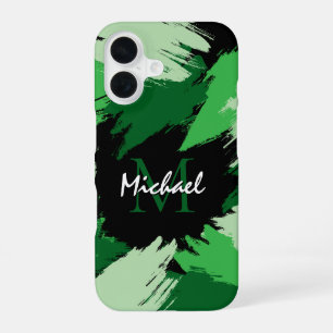 Brushstrokes shades of green name with monogram iPhone 16 case