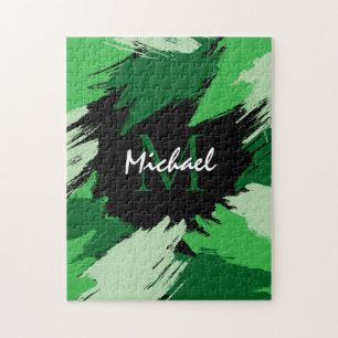 Brushstrokes shades of green name with monogram jigsaw puzzle