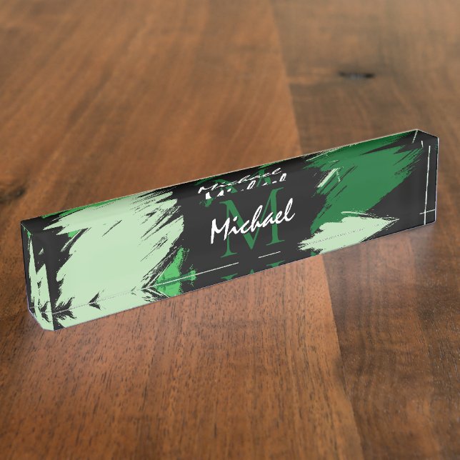 Brushstrokes shades of green name with monogram nameplate (Side)