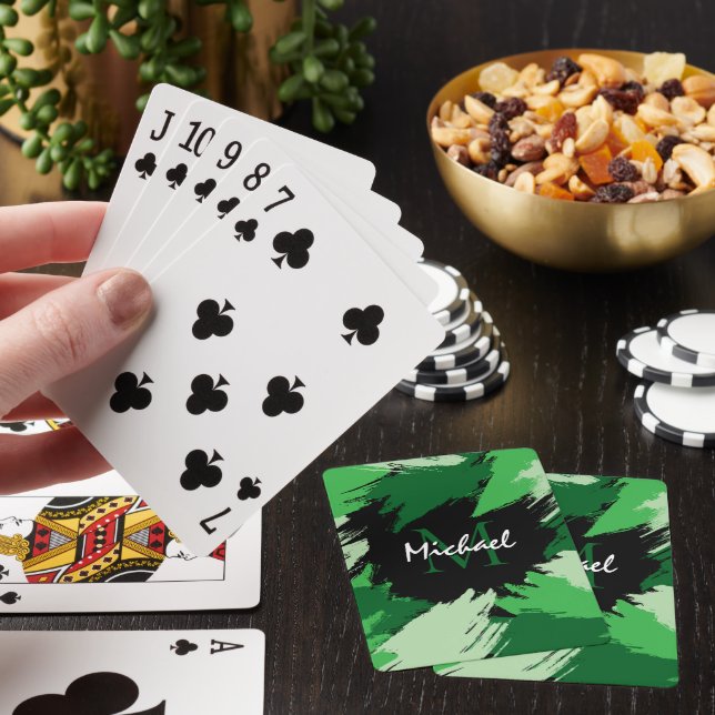 Brushstrokes shades of green name with monogram playing cards (In Situ)