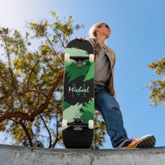 Brushstrokes shades of green name with monogram skateboard
