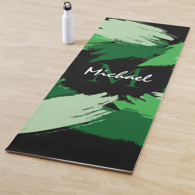 Brushstrokes shades of green name with monogram yoga mat (In Situ)