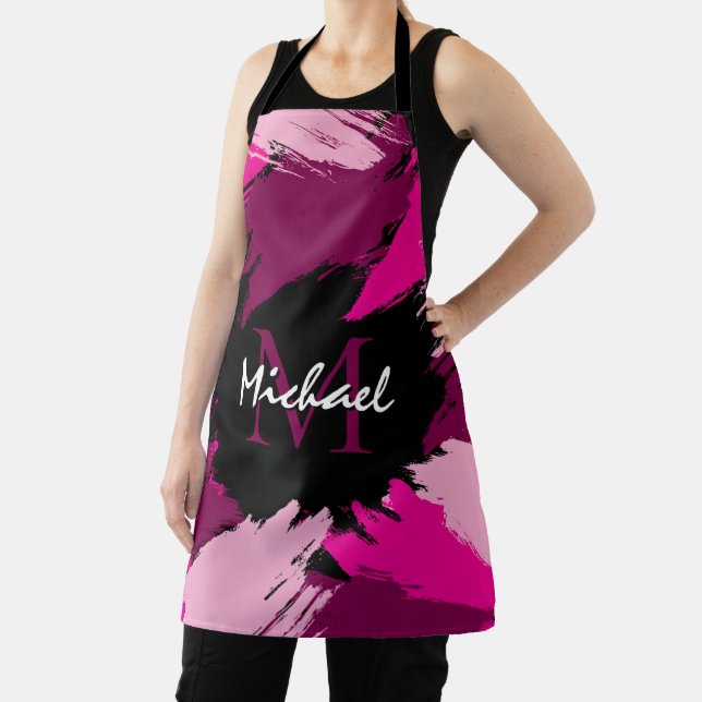Brushstrokes shades of hot pink name with monogram apron (Insitu)