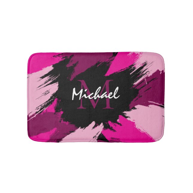 Brushstrokes shades of hot pink name with monogram bath mat (Front)