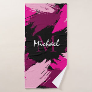 Brushstrokes shades of hot pink name with monogram bath towel set