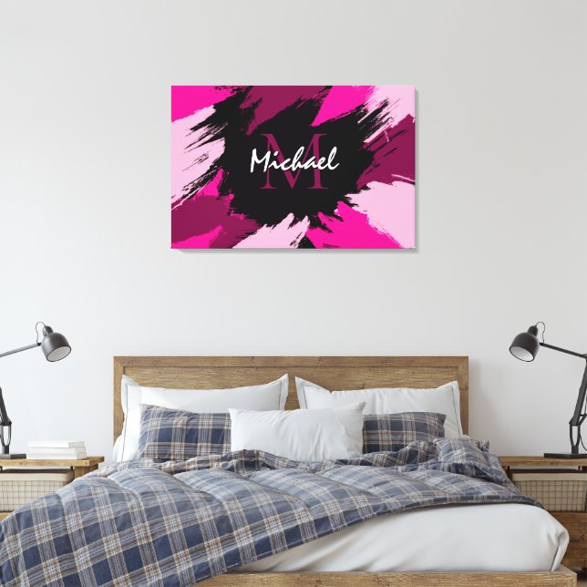 Brushstrokes shades of hot pink name with monogram canvas print (Insitu(Bedroom))