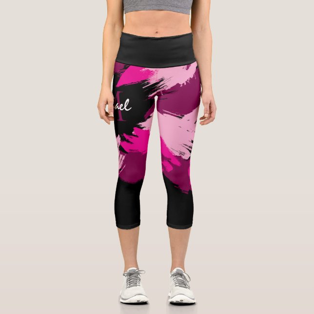 Brushstrokes shades of hot pink name with monogram capri leggings (Front)