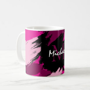 Brushstrokes shades of hot pink name with monogram coffee mug