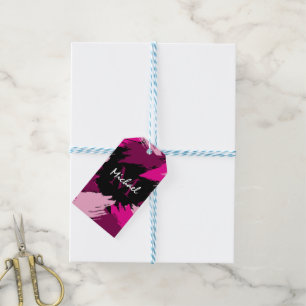 Brushstrokes shades of hot pink name with monogram gift tags