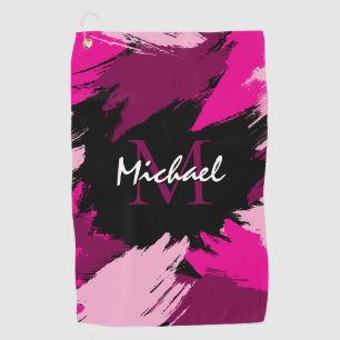 Brushstrokes shades of hot pink name with monogram golf towel