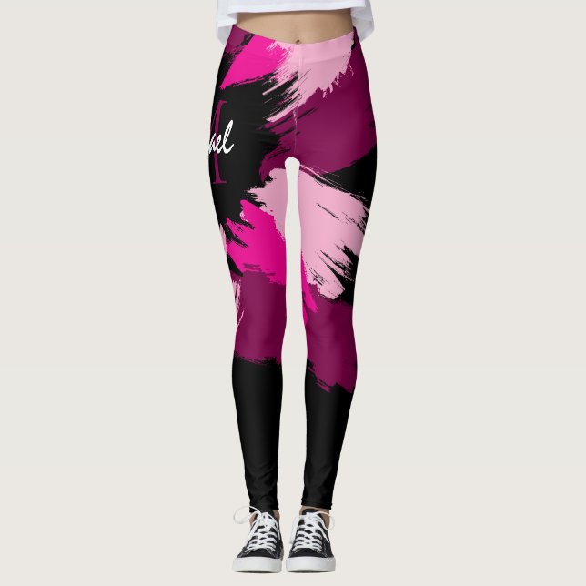 Brushstrokes shades of hot pink name with monogram leggings (Front)
