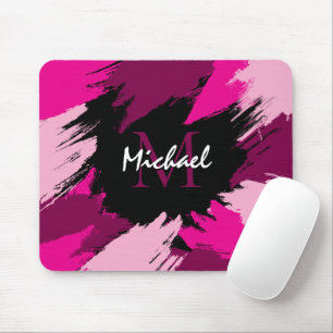 Brushstrokes shades of hot pink name with monogram mouse mat