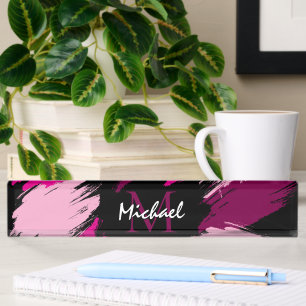 Brushstrokes shades of hot pink name with monogram nameplate