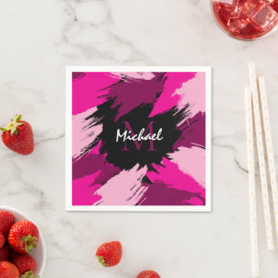 Brushstrokes shades of hot pink name with monogram napkin