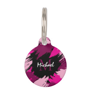 Brushstrokes shades of hot pink name with monogram pet tag