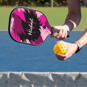 Brushstrokes shades of hot pink name with monogram pickleball paddle