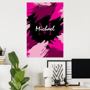 Brushstrokes shades of hot pink name with monogram poster