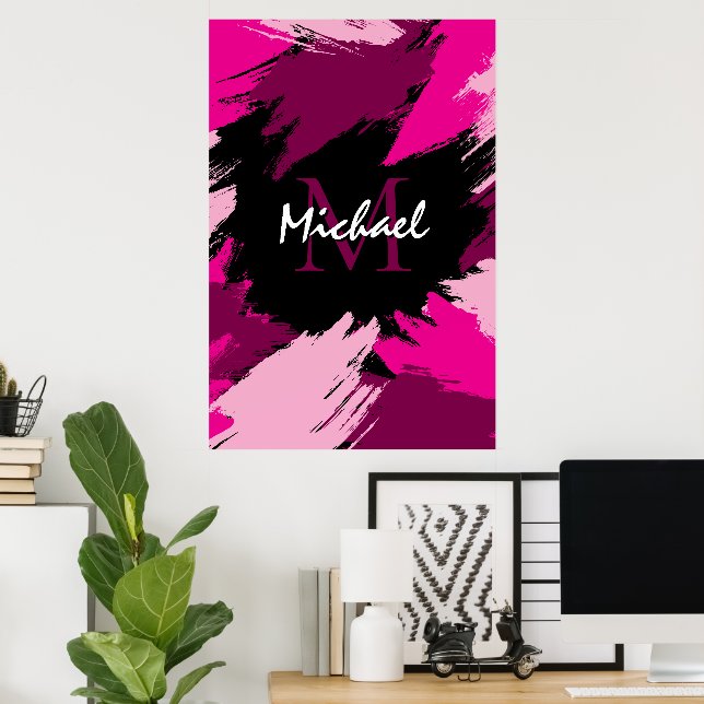 Brushstrokes shades of hot pink name with monogram poster (Home Office)