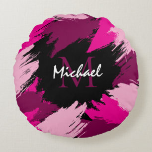 Brushstrokes shades of hot pink name with monogram round cushion
