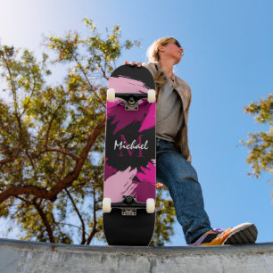 Brushstrokes shades of hot pink name with monogram skateboard